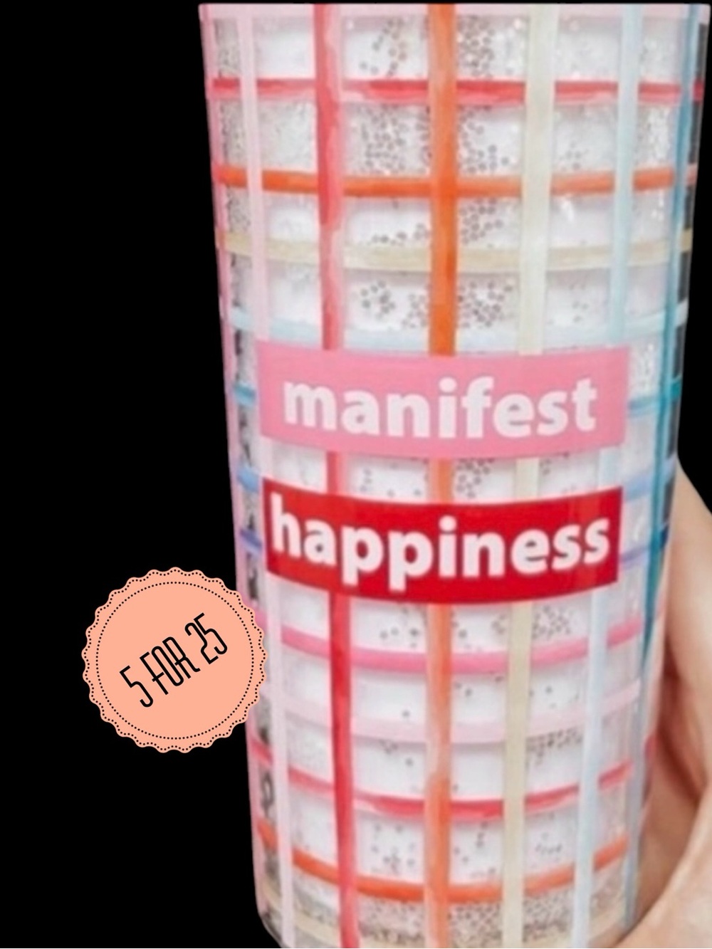 Manifest Happiness Tumbler Pink Glitter Straw Cup NIB Giftable